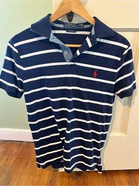 Ralph Lauren Navy & White Striped Polo with Red Pony Logo Men’s Small Slim Fit